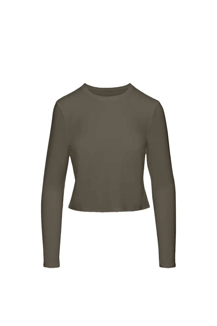 Camiseta unicolor ajustada con manga larga y cuello redondo