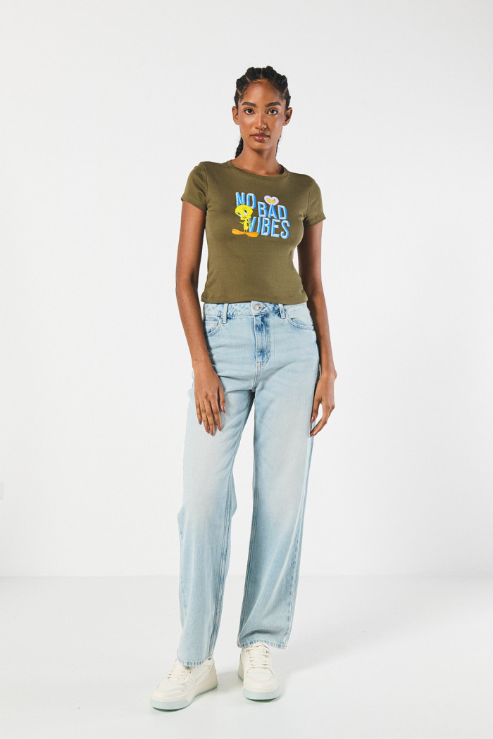 Camiseta en rib verde manga corta con arte de Looney Tunes