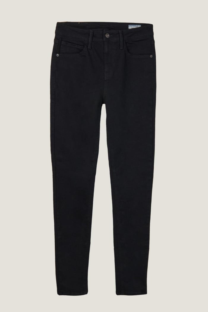 Jean súper skinny ajustado negro con cremallera y tiro bajo