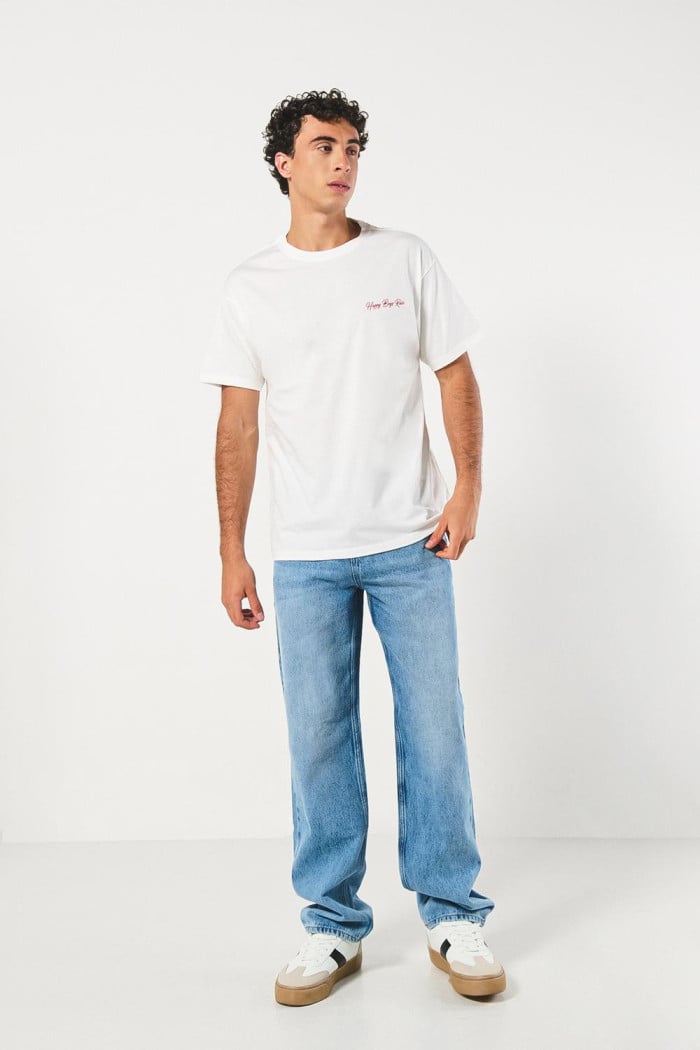 Camiseta estampada unicolor con manga corta en algodón