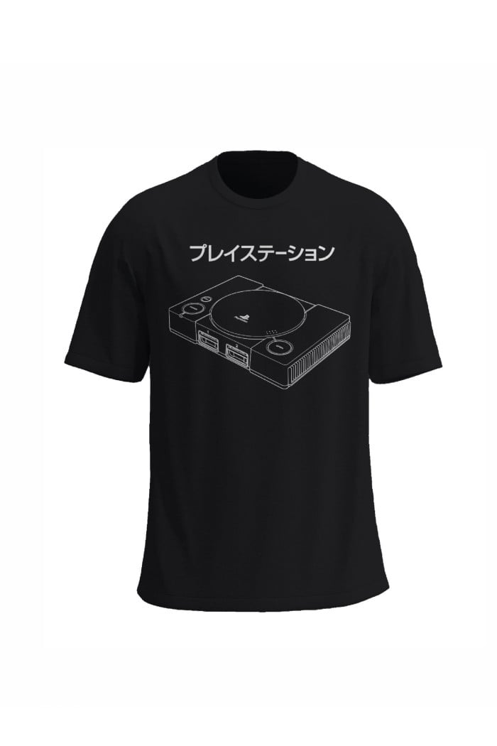 Camiseta negra cuello redondo con diseños de PlayStation