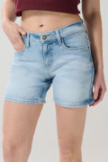 Short tiro medio azul en jean con desgastes localizados