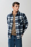 Chaqueta unicolor en paño con cuello trucker y cuadros