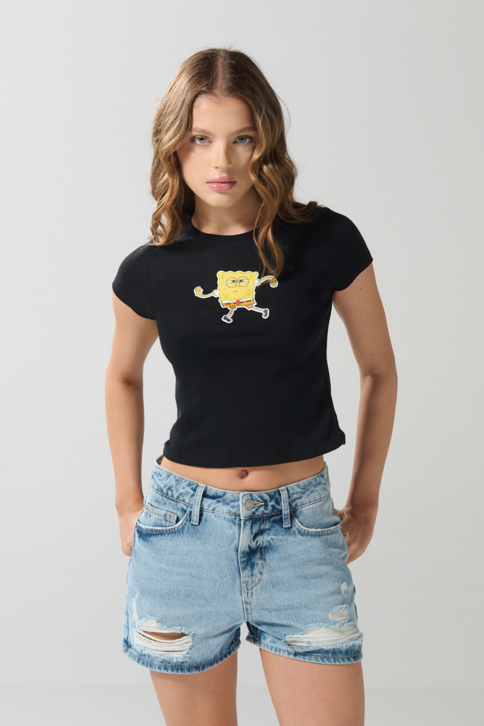 Camiseta en rib de Bob Esponja manga corta negra