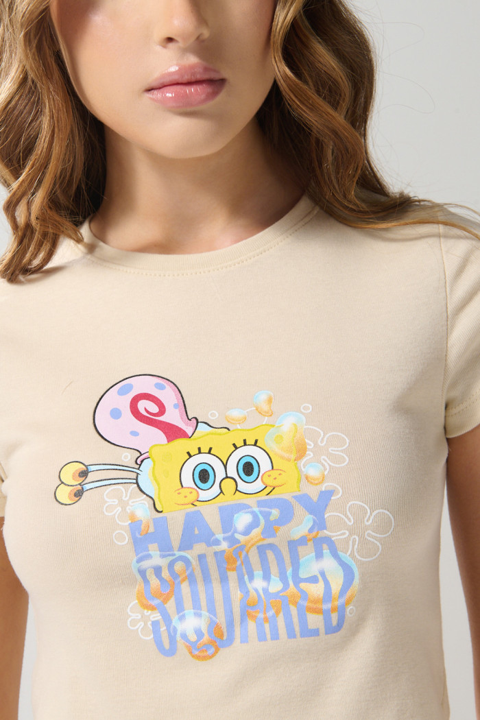 Camiseta en rib manga corta kaki con arte de Bob Esponja