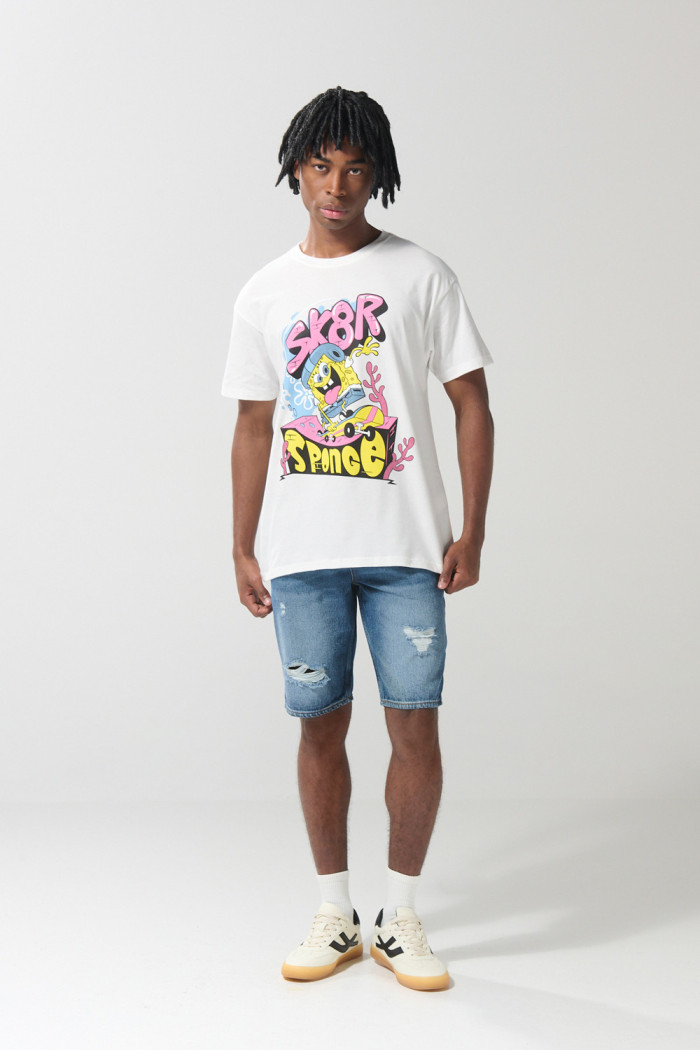 Camiseta en algodón de Bob Esponja crema cuello redondo
