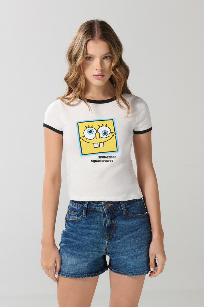 Camiseta crema en rib de Bob Esponja con manga corta