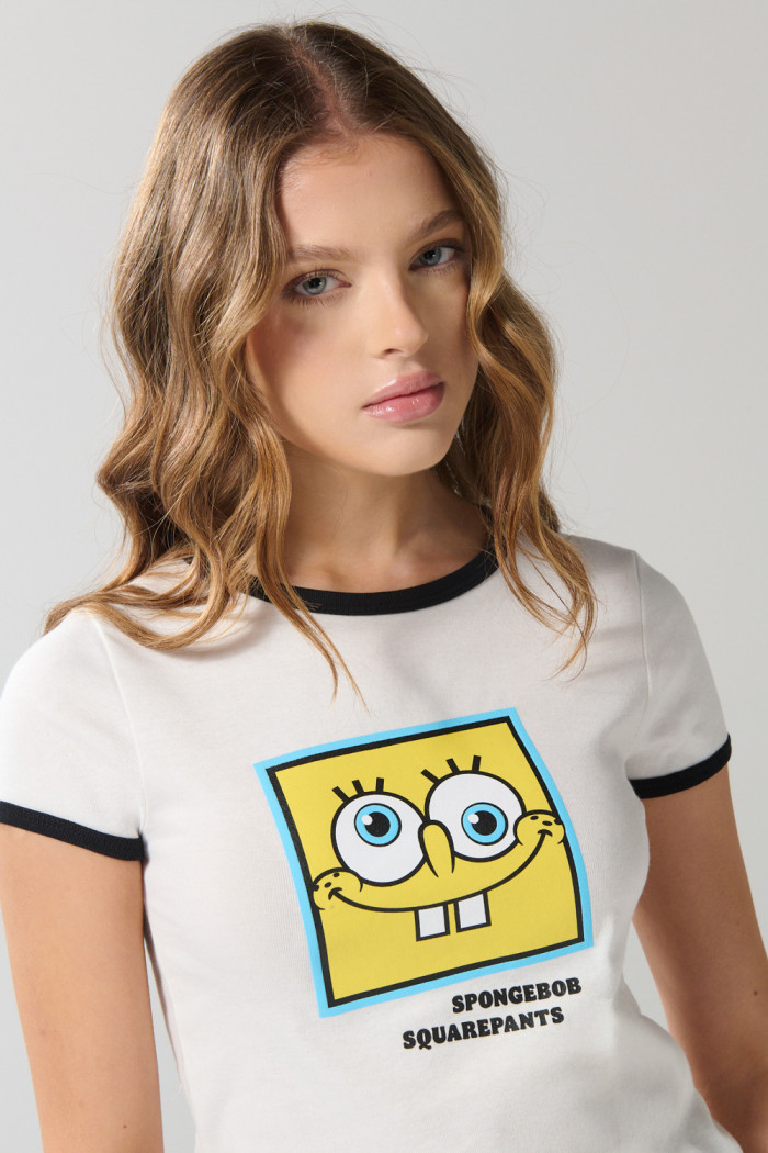 Camiseta crema en rib de Bob Esponja con manga corta