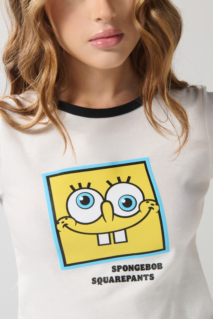 Camiseta crema en rib de Bob Esponja con manga corta