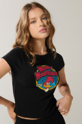 Camiseta negra del Pájaro Loco con cuello redondo