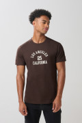 Camiseta manga corta café oscura con estampado college