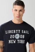 Camiseta en algodón college azul con cuello redondo