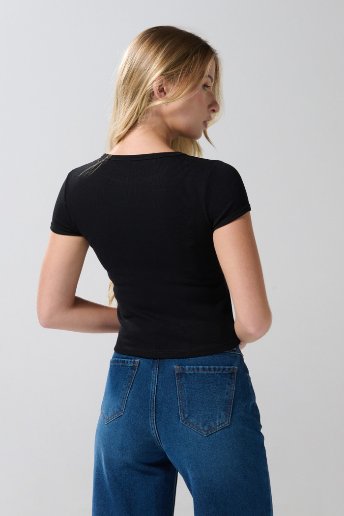Camiseta acanalada unicolor con cuello redondo