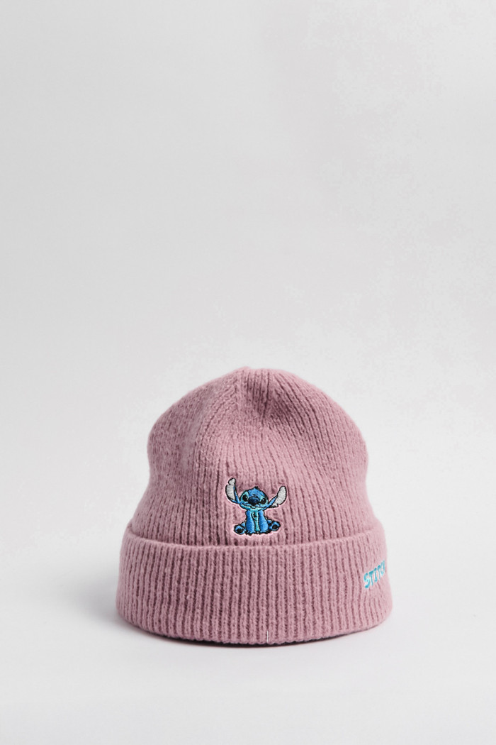 Gorro tejido lila con diseño de Lilo & Stitch