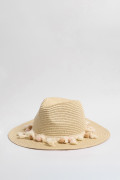 Sombrero crema claro fedora con borlas decorativas