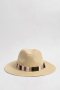 Sombrero kaki claro fedora con cinta de rayas decorativa