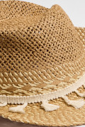 Sombrero fedora tejido kaki oscuro con borlas decorativas