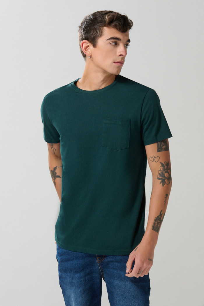 Camiseta en algodón manga corta unicolor con bolsillo