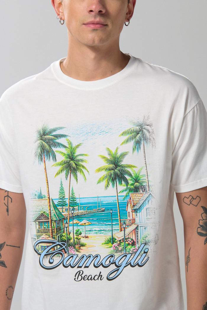 Camiseta manga corta crema con arte de playa