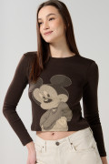 Camiseta manga larga café oscura con diseño de Mickey