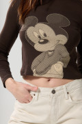 Camiseta manga larga café oscura con diseño de Mickey