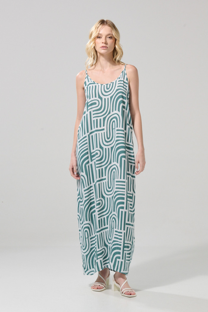 Vestido largo crema claro con estampados y manga sisa