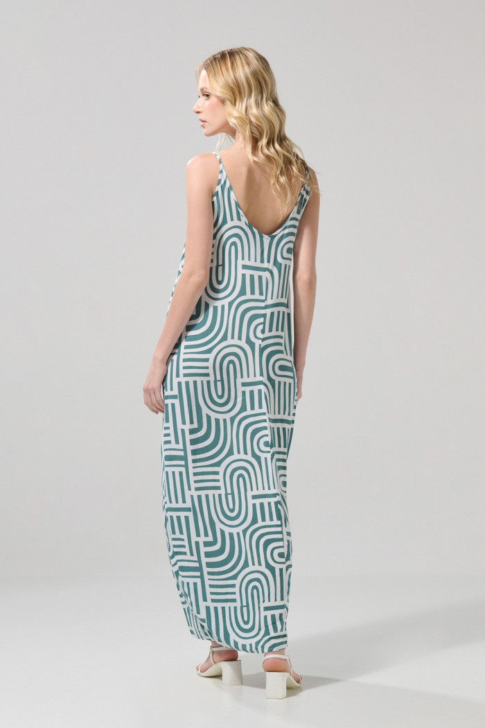 Vestido largo crema claro con estampados y manga sisa