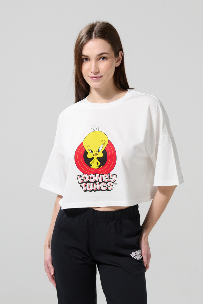 Camiseta crema clara crop top oversize de Looney Tunes