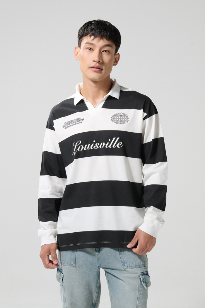 Camiseta crema manga larga polo college con rayas