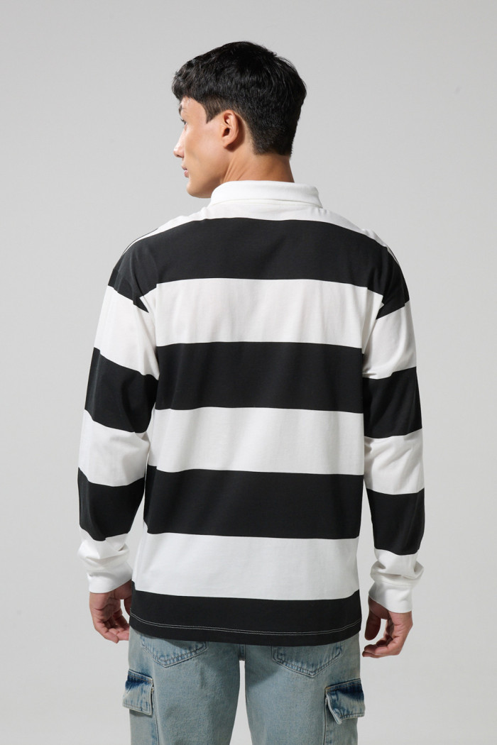 Camiseta crema manga larga polo college con rayas