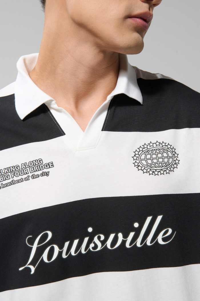 Camiseta crema manga larga polo college con rayas