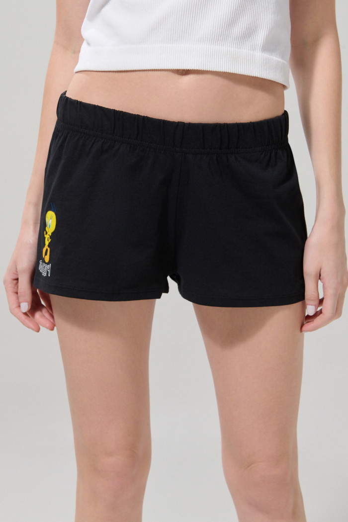 Short en algodón negro con diseño de Looney Tunes