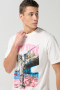 Camiseta en algodón college crema con manga corta