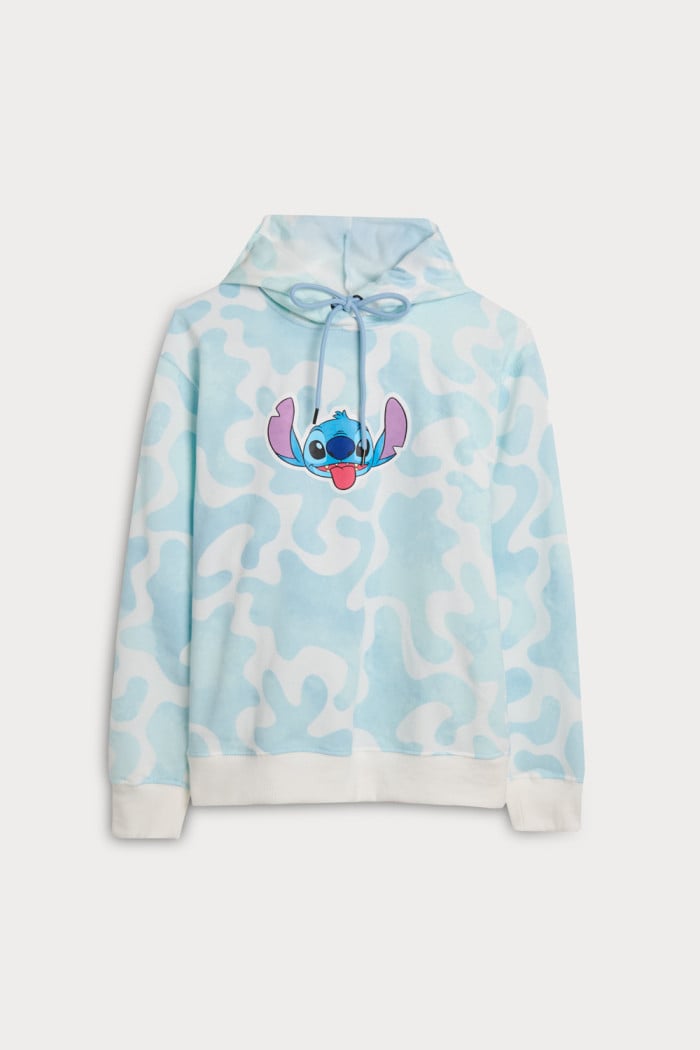 Buzo azul tie dye con capota y estampado de Stitch