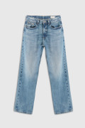Jean tiro alto 90´S azul con bota recta y bolsillos