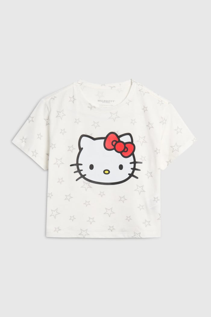 Camiseta crop top crema clara con arte de Hello Kitty