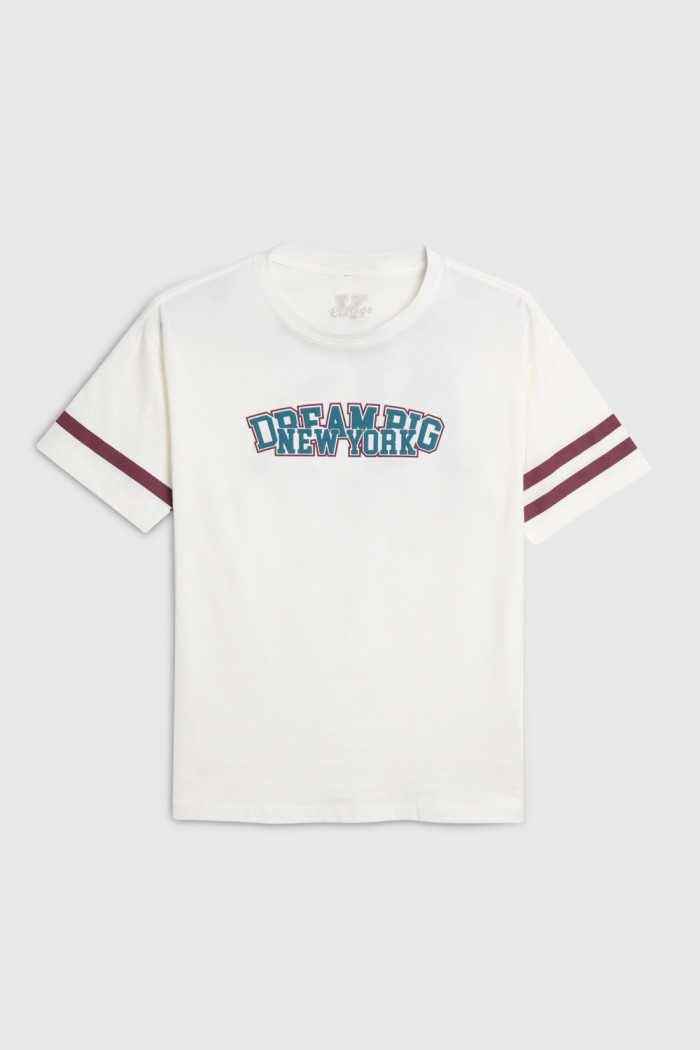 Camiseta college crema en algodón oversize cuello redondo