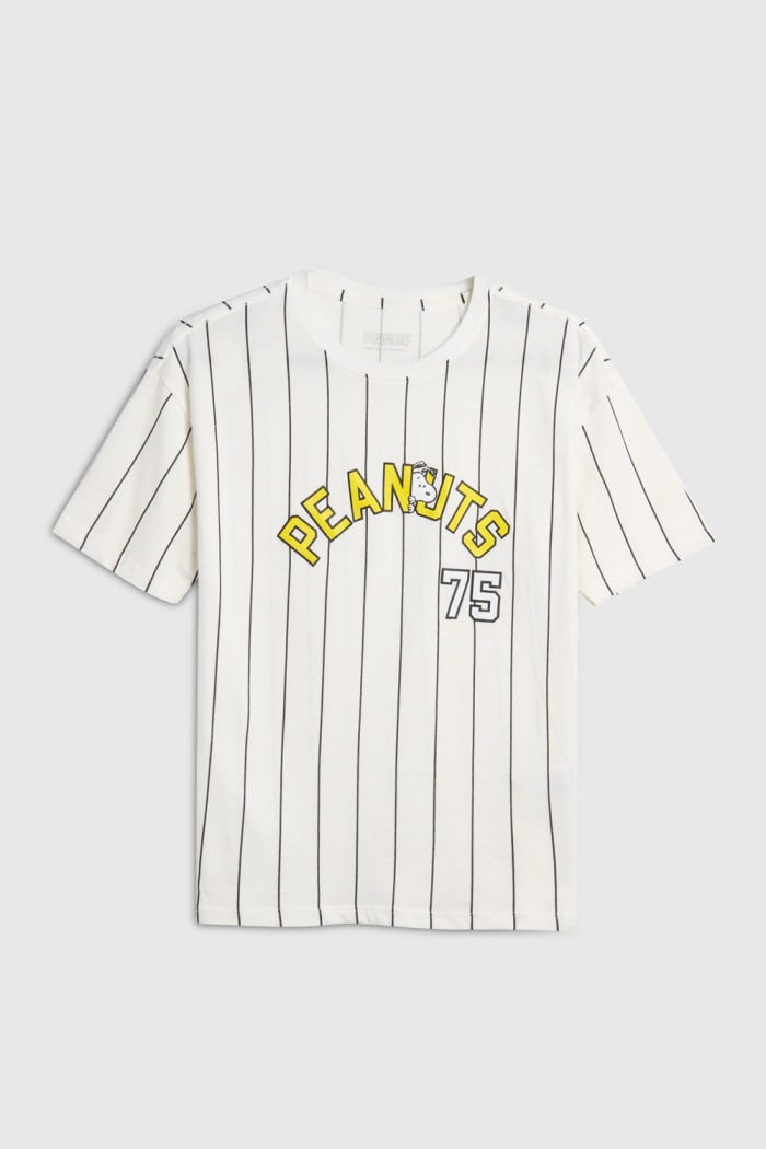 Camiseta para niño a rayas crema oversize manga corta de Snoopy