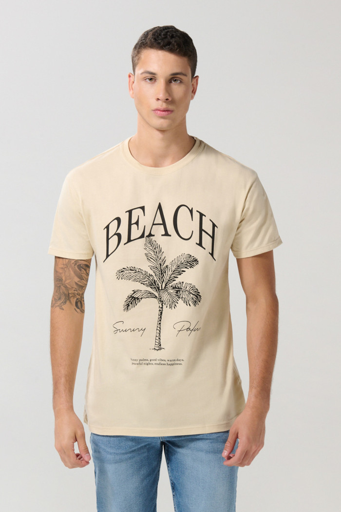 Camiseta en algodón manga corta unicolor con arte de paisaje