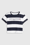 Camiseta crop top para niña estampado en frente estilo college, fit holgado cuello redondo manga corta.