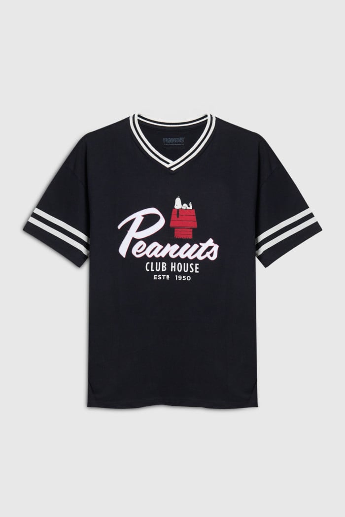 Camiseta manga corta para niño estampada en frente de Snoopy, fit oversize con cuello v.