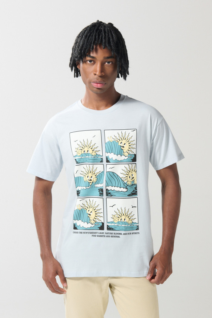 Camiseta cuello redondo azul clara con arte de playa