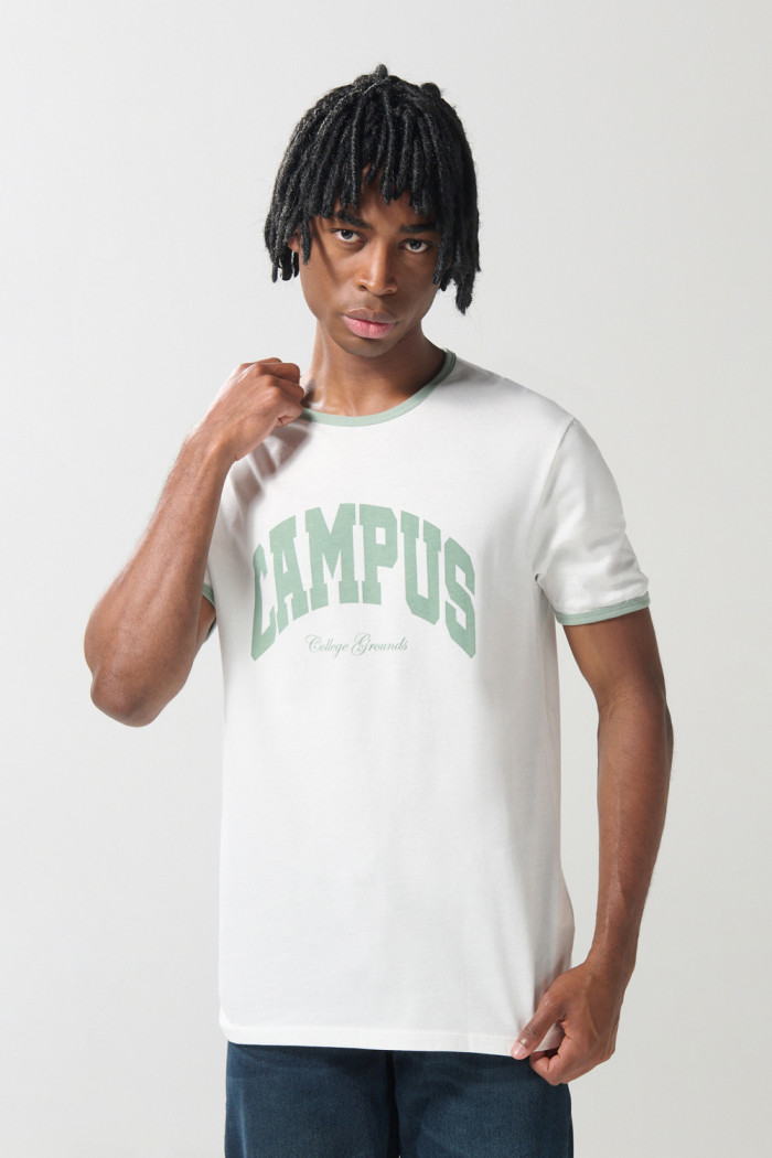 Camiseta en algodón crema college manga corta con contrastes