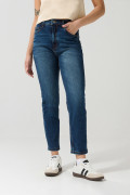 Jean mom azul oscuro bota recta con tiro súper alto