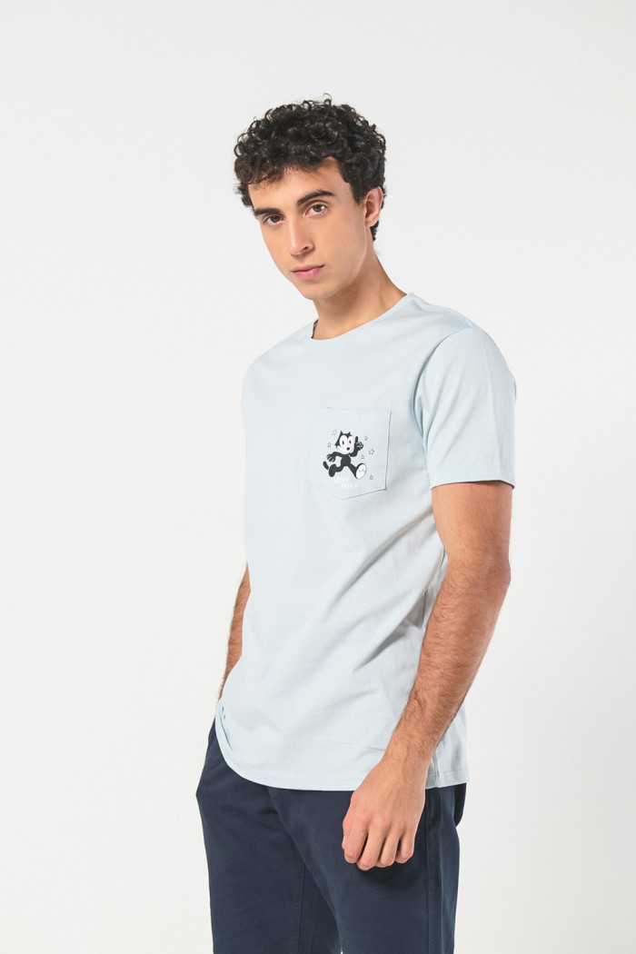 Camiseta azul de Félix el gato con bolsillo y manga corta