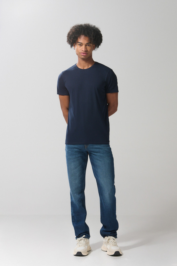 Camiseta en algodón azul intensa con cuello redondo
