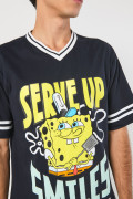 Camiseta azul cuello V con estampado de Bob Esponja