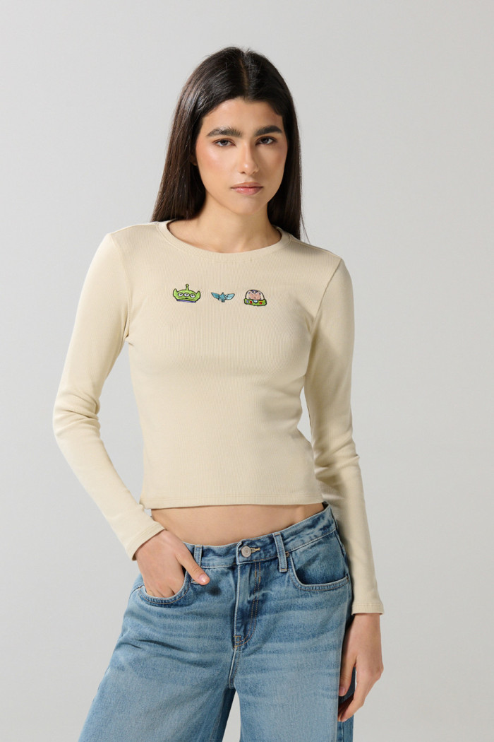 Camiseta kaki clara manga larga ajustada en rib