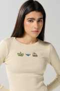 Camiseta kaki clara manga larga ajustada en rib