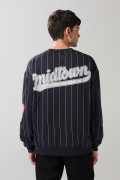 Buzo cuello redondo azul oversize a rayas con arte college